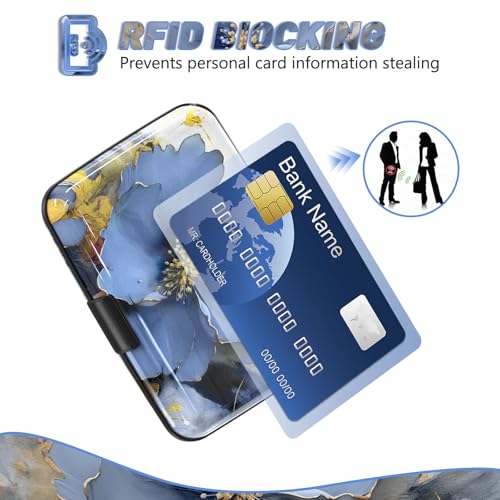 Credit Card Holder, Mini RFID Small Aluminum Card Wallet Business Card Case | Blocking Slim Metal RFID Blocking Front Pocket Wallet Hard Case Durable CC Holder for Women Girls, Blue Flowers - color: Blue Flowers