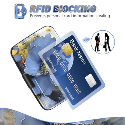 Credit Card Holder, Mini RFID Small Aluminum Card Wallet Business Card Case | Blocking Slim Metal RFID Blocking Front Pocket Wallet Hard Case Durable CC Holder for Women Girls, Blue Flowers - color: Blue Flowers