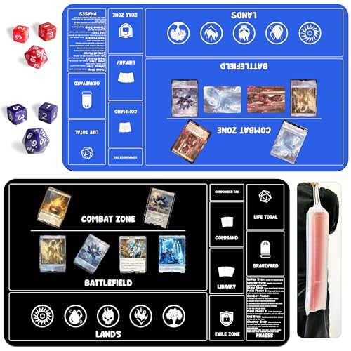 Card Game Playmats MTG Playmat for Beginner 2 Pack with Dices, Magic Mat Commander Deck Card Playmat for TCG MTG Accessories Play Mat 24x14 Inches Duel Card Battles, Black/Blue - color: Black+blue
