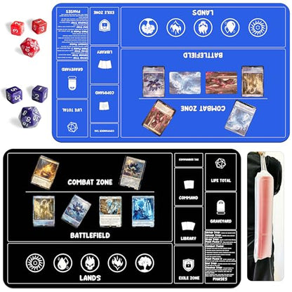 Card Game Playmats MTG Playmat for Beginner 2 Pack with Dices, Magic Mat Commander Deck Card Playmat for TCG MTG Accessories Play Mat 24x14 Inches Duel Card Battles, Black/Blue - color: Black+blue