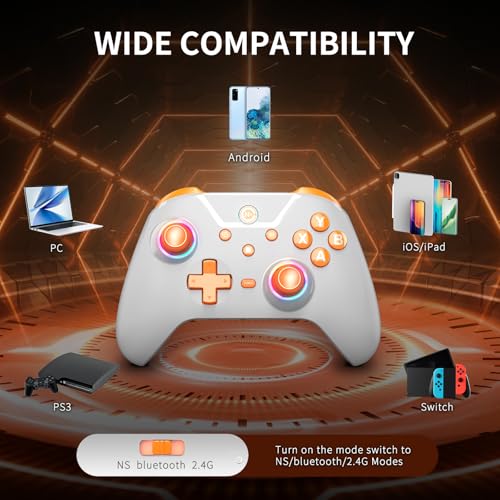 Bcofo Wireless Gaming Controller, PC Controller for PC/Switch/P3/iOS/Android with 4 Programing Buttons, Hall Effect Trigger, RGB Lighting,1000mAh Battery, Turbo, Dual Vibration, Screenshot, White