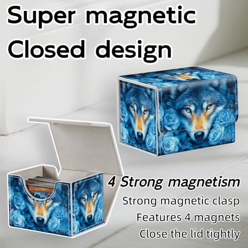 Trading Card Storage Box, Holds 100+ for MTG Cards, PU Leather with Magnetic Closure, Blue Wolf with Roses Fantasy Durable Deck Box for Magic the Gathering, Trading Card Games - color: Blue Wolf with Roses Fantasy