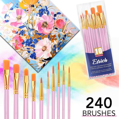 ESRICH Acrylic Paint Brushes Set, 24Packs /240 Pcs, Nylon Brush Head, for Oil Painting, Gouache, Face,Ceramics etc, Kid's and Adults Painting Arts and Crafts Sets.(Pink) - color: Pink, size: 240