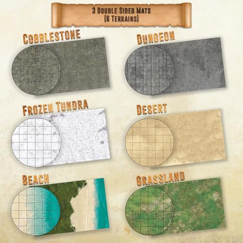 Melee Mats DND Map Starter Set for Dungeons and Dragons - 24” x 36" 3 Pack Double Sided, Wet & Dry Erase Battle Terrain Grid - Tabletop Board Gaming Kit with Accessories