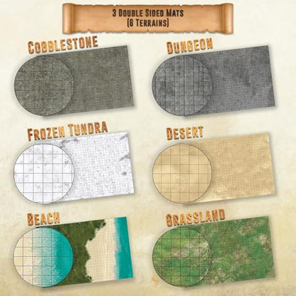 Melee Mats DND Map Starter Set for Dungeons and Dragons - 24” x 36" 3 Pack Double Sided, Wet & Dry Erase Battle Terrain Grid - Tabletop Board Gaming Kit with Accessories