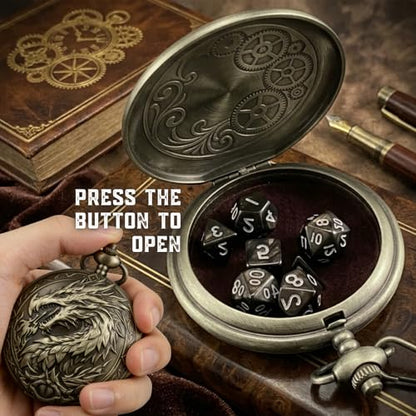 D&D Dice Set, 7PCS mini Dice with Pocket Watch Case, Easy-to-Read Colored Numbers, Dungeons and Dragons RPG Game Dice Set with Watch Shell, Dragon Design Bronze - color: Mini Dice Bronze