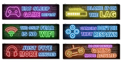 6 Pcs Neon Gaming Decor for Boys Room Wooden Video Game Wall Art - Wall Decor for Boys Kids Room Bedroom Playroom Decorations - color: activated
