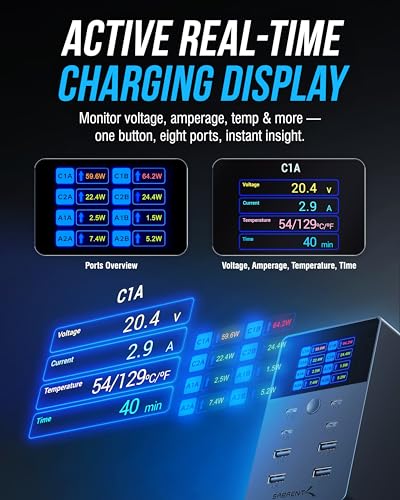 SABRENT VOLTIK Charging Station, 252W 8-Port USB C and USB A, LCD Display | Desktop fast charger; USB-C & USB-A; UL certified; real-time LCD; for MacBook, iPhone, Samsung - size: 8-Port