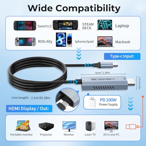 Guermok USB-C to HDMI Cable, 67in – HDR & ALLM, 8K@60Hz / 4K@144Hz, PD100W, USB-C Video Output for Switch 2 Dock, Capture Cards, TVs, Handheld Consoles (Silver)