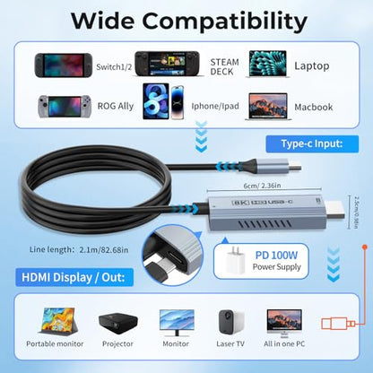 Guermok USB-C to HDMI Cable, 67in – HDR & ALLM, 8K@60Hz / 4K@144Hz, PD100W, USB-C Video Output for Switch 2 Dock, Capture Cards, TVs, Handheld Consoles (Silver)