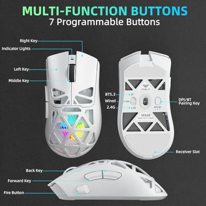 Aula SC620 Wireless Gaming Mouse, Tri-Mode 2.4GHz/USB-C/BT5.3 Computer Mouse with 12000 DPI, Programmable Macro Gamer Mouse with Rapid Fire Key, RGB Light White Gaming Mice for PC/Laptop/Mac - color: White