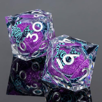 KERWELLSI Cat Liquid Core DND Dice Set with Gift Box, 7Pcs Resin Dungeons Sharp Edge D&D Dice, Dragons D and D Role Playing Dice D20 D12 D10 D8 D6 D4, Purple and Blue Cat - color: Purplr and Blue Cat