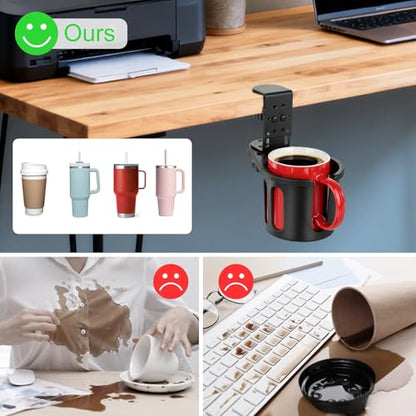 MYITYARD Desk Cup Holder Clamp, Clip On Table Cup Holder, Rotatable Water Bottle Stand Drink Coffee Mug Storage, Office Accessories for Home and School - color: Black-1