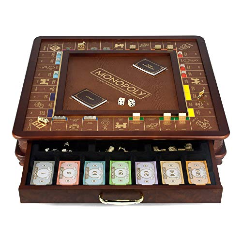 WS Game Company Monopoly Luxury Edition Wooden Board Game Set, 2-6 Players | Luxurious Wood Cabinet, Gold Foil Stamped Game Board, Faux Leather Rolling Area, 2 Storage Drawers, for Collectors and Adults