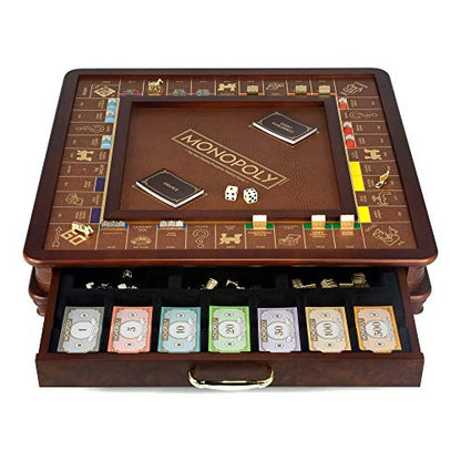 WS Game Company Monopoly Luxury Edition Wooden Board Game Set, 2-6 Players | Luxurious Wood Cabinet, Gold Foil Stamped Game Board, Faux Leather Rolling Area, 2 Storage Drawers, for Collectors and Adults