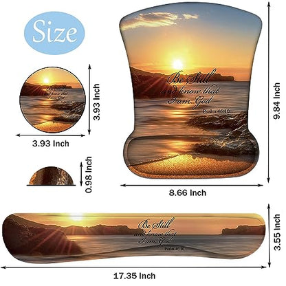 Keyboard Wrist Support + Wrist Mousepad + Coaster Combination, Non-Slip PU Base, with Gel Memory Mousepad, Suitable for Gaming, Office Pain Relief Mousepad Set - Sunset Beach - color: Sunset Beach