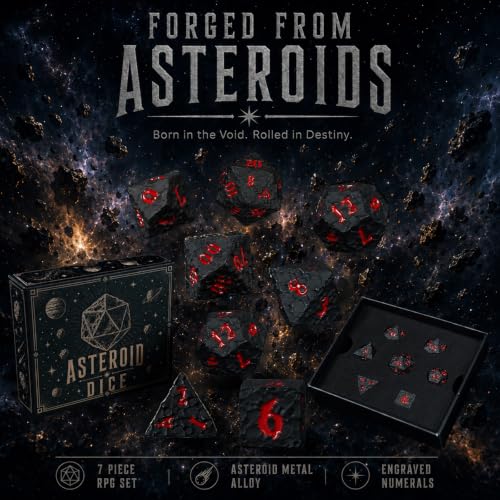 Asteroid Metal DND Dice Set, 7-Piece Polyhedral Dice | Solid zinc alloy dice with meteor texture, heavy feel, easy-read numbers, and storage box for tabletop gaming - color: Black and Red