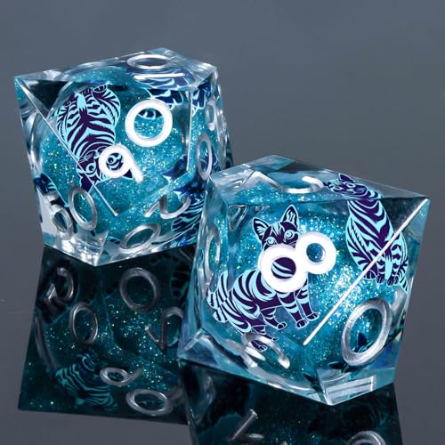 KERWELLSI Cat Liquid Core DND Dice Set with Gift Box, 7Pcs Resin Dungeons Sharp Edge D&D Dice, Dragons D and D Role Playing Dice D20 D12 D10 D8 D6 D4, Blue - color: Blue and Blue Cat