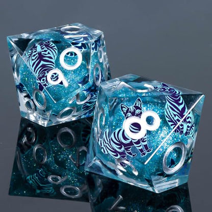 KERWELLSI Cat Liquid Core DND Dice Set with Gift Box, 7Pcs Resin Dungeons Sharp Edge D&D Dice, Dragons D and D Role Playing Dice D20 D12 D10 D8 D6 D4, Blue - color: Blue and Blue Cat
