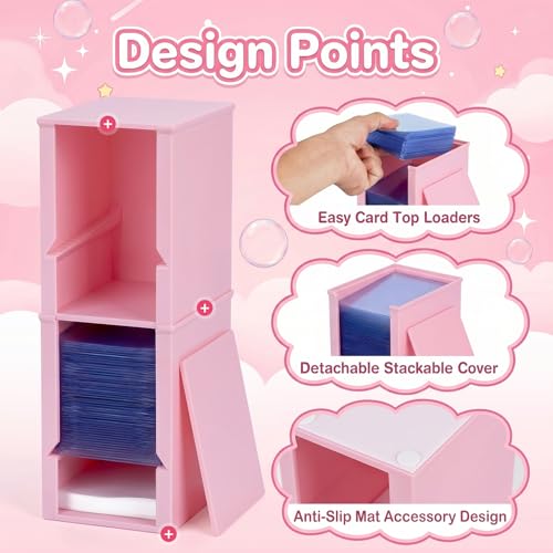 Toploader Dispenser & Penny Sleeve Holder - Dual Compartment Holds 250 Penny Sleeves & up to 50 Top Loaders, Stackable Card Storage Box with Dustproof Lid (Pink) - color: Pink