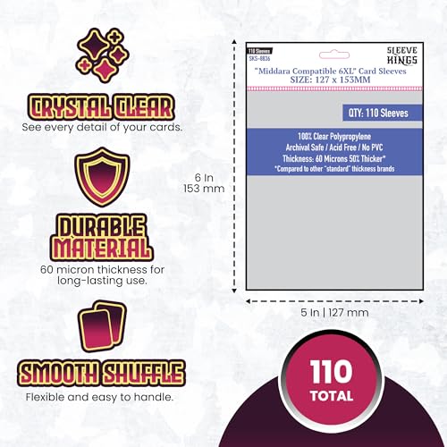Sleeve Kings Standard Card Sleeves – 110 Count, Clear 60 Micron Thickness, XXL Size (127 x 153 mm), Compatible with Middara & More – SKU: SKS-8836 - size: 127 x 153 mm, style: Middara Compatible 6XL