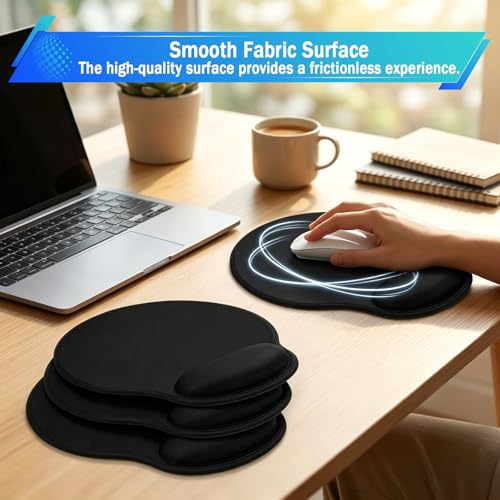 6 Pack Ergonomic Mouse Pad with Smooth Wrist Rest Support Black Memory Foam Mousepad Comfortable Mouse Pads for Non Slip Base for Computer Laptop Gaming Home Office Travel