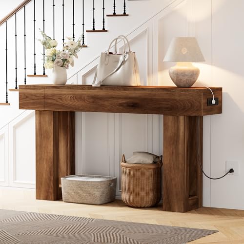 63 Inch Long Console Table w/Outlets & USB Ports, Narrow Rectangular Sofa Table Behind The Couch, Farmhouse Entryway Table for Entrance, Hallway, Living Room(Brown with Outlet) - color: Brown, style: With Socket