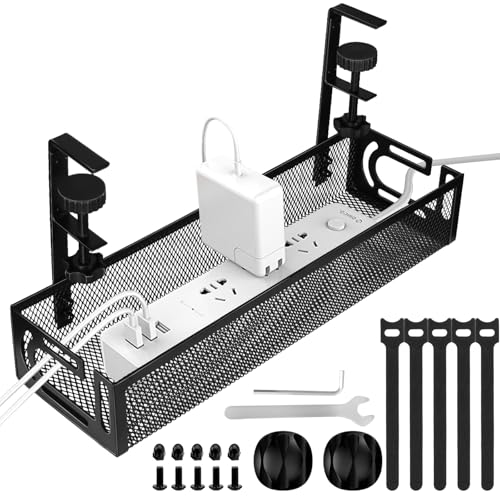 Cable Management Under Desk, Under Desk Cable Management Tray | No Drill Cable Tray, Metal Mesh Cord Organizer, cable organizer with Clamp for Standing Desk, Desk Organizer for Home Office - color: Black, size: 15.3'' (1 Pack)