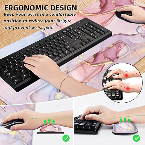 Large Mouse Pad with Wrist Rest, 4-in-1 Wrist Rest for Keyboard and Mouse | Non-Slip Waterproof Desk Mat Set, 35.4"x15.7" Desk Mat+Keyboard Wrist Rest+Mouse Wrist Support+Cup Coaster for Home Office - color: 4Pcs-Pink Marble
