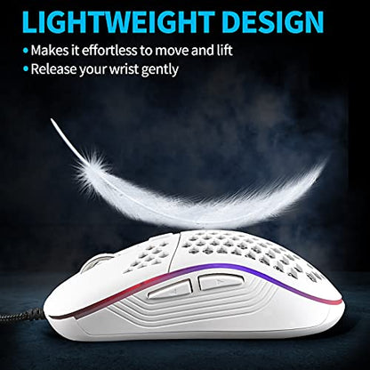 Techsea Honeycomb Wired Gaming Mouse with RGB On/Off Switch, 7200 Adjustable DPI, Ergonomic Lightweight Design & High Precision Sensor for PC/Mac Gamers (White) - color: Ceramic White