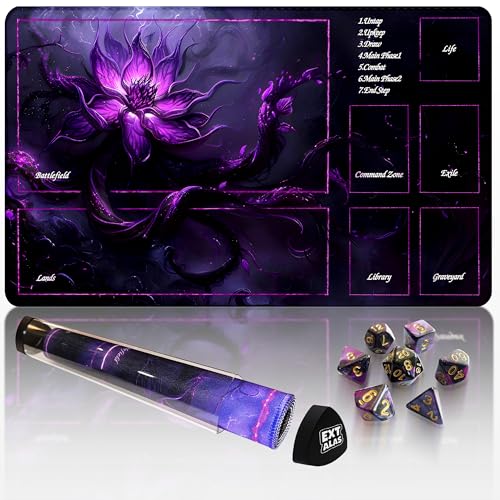 MTG Playmat with Storage Tube & 7-Dice Set - Waterproof TCG Playmat with Stitched Edges, Non-Slip Rubber Card Game Mat (24"x14") (playmat with Zones, Purple Lotus) - color: Purple Lotus, style: playmat with zones