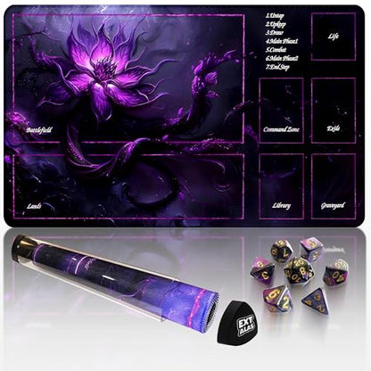 MTG Playmat with Storage Tube & 7-Dice Set - Waterproof TCG Playmat with Stitched Edges, Non-Slip Rubber Card Game Mat (24"x14") (playmat with Zones, Purple Lotus) - color: Purple Lotus, style: playmat with zones