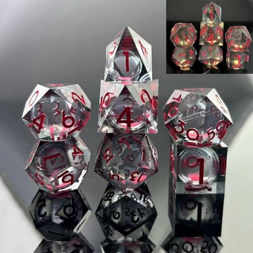 HAOMEJA Glowing Quicksand Resin Dice Set DND 7 Pcs D&D Resin Sharp Edge Role Playing Dice with Dragon Eye Bag, Polyhedral Dungeons and Dragons Dice D20 D12 D10 D100(00-90) D8 D6 D4 (Black & Red) - color: Glowing Red & Black