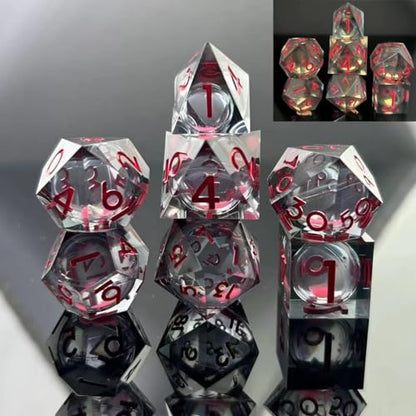 HAOMEJA Glowing Quicksand Resin Dice Set DND 7 Pcs D&D Resin Sharp Edge Role Playing Dice with Dragon Eye Bag, Polyhedral Dungeons and Dragons Dice D20 D12 D10 D100(00-90) D8 D6 D4 (Black & Red) - color: Glowing Red & Black
