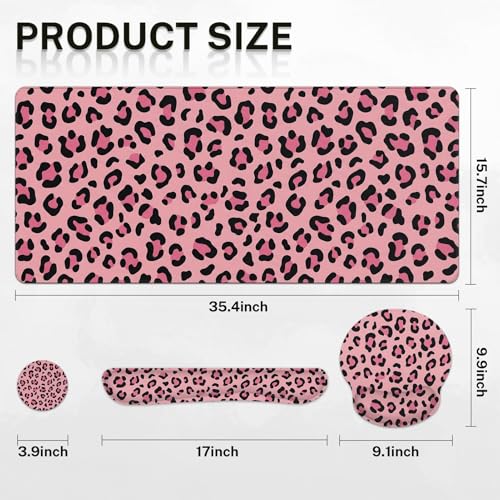 Arttown Keyboard Mouse Pad Set, 4 in 1 Desk Mat Set Leopard Pink | Black Animal Print Large Mousepad+Keyboard Wrist Rest+Mouse Wrist Rest+Coaster Ergonomic Design for Home Office Computer - color: Pink Black Leopard
