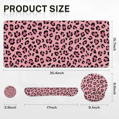 Arttown Keyboard Mouse Pad Set, 4 in 1 Desk Mat Set Leopard Pink | Black Animal Print Large Mousepad+Keyboard Wrist Rest+Mouse Wrist Rest+Coaster Ergonomic Design for Home Office Computer - color: Pink Black Leopard