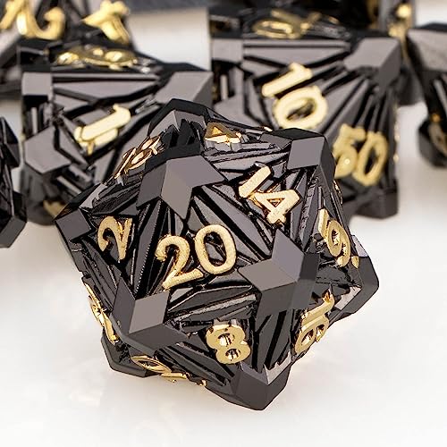 7PCS Metal DND Dice Set with Box, Debris RPG Black Gold D and D Dice for use with D&D Tabletop Games Role Playing Game Polyhedral Dice Set D20 D12 D10 D8 D6 D4 - color: Black Gold