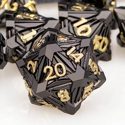 7PCS Metal DND Dice Set with Box, Debris RPG Black Gold D and D Dice for use with D&D Tabletop Games Role Playing Game Polyhedral Dice Set D20 D12 D10 D8 D6 D4 - color: Black Gold