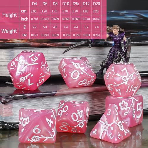 CiaraQ 7pcs Polyhedral Dice Set for Dungeon and Dragons MTG Table Games | Acrylic Role Playing Dice for D&D with Black Velvet Bag – Pink Pearl with White Numbers & Plum Blossom Patterns - color: Pink and White Floral Dice