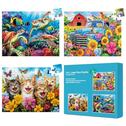 3 Packs 48 Large Piece Puzzle for Seniors,Dementia Alzheimer's Products Activities for Elderly Adults,Alzheimer’s Puzzle Memory Cognitive Games Easy Jigsaw Puzzle Gifts（Cats） - style: 48 Large Pieces Cats