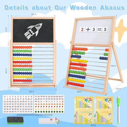 Wooden Abacus Math Games for Kids 5-7 Counting Toys with Double-Sided Board | Wood Abacus Educational Counting Math Manipulatives for 1st 2nd grade with Magnetic Number Cards 1-100