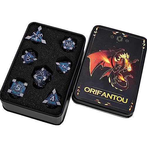 7PCS Metal DND Dice Set with Box, Debris RPG Black Blue D and D Dice for use with D&D Tabletop Games Role Playing Game Polyhedral Dice Set D20 D12 D10 D8 D6 D4 - color: Black Blue