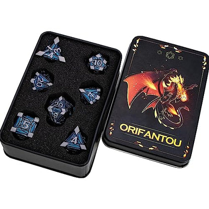 7PCS Metal DND Dice Set with Box, Debris RPG Black Blue D and D Dice for use with D&D Tabletop Games Role Playing Game Polyhedral Dice Set D20 D12 D10 D8 D6 D4 - color: Black Blue