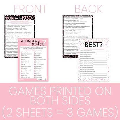 DISTINCTIVS Pink 90th Birthday Games Set, Born in the 1930s, 20 Guests | 5" x 7" Dual-Sided Cards, Who Knows Best, Older or Younger, and 1930s Trivia Games, Answer Keys Included - color: Pink