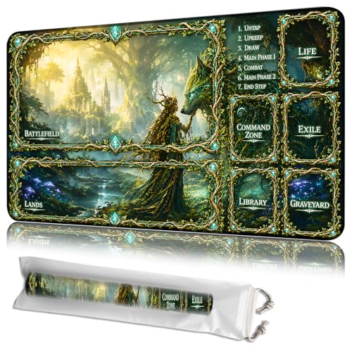 MTG Playmat with Zones, Forest Mystic Wolf, 24 x 14 Inch Stitched Non Slip Rubber Trading Card Game Mat, 2mm Thick Tabletop Mat for Card Games - color: Forest Mystic Wolf, size: 24"x14"With Zones