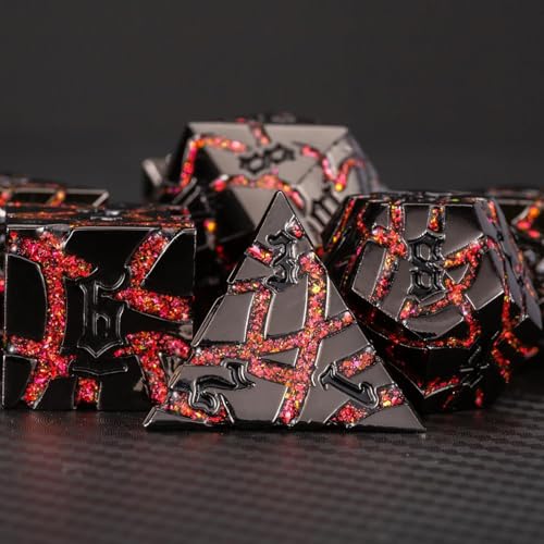 Cracked Rune Metal Dice Set for DND & RPG – Dark Fantasy Fractured Design, Premium Heavy Metal Polyhedral Dice with Deep Engraved Numbers, 7-Piece Set – Red Infernal Vein - color: Matte Black Red