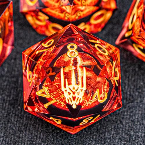 DND Gaze Eye Dice Set 7PCS Liquid Core Polyhedral Dice for Dungeons Dragons RPG Role Playing Game, Resin Sharp Edged D and D Dice with Gift Box D6 D8 D10 D12 D20 (Golden Red) - color: Pattern-golden Red