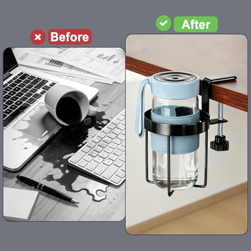 MYITYARD Desk Cup Holder Clamp, Anti-Spill Clip On Table Cup Holder, Rotatable Water Bottle Stand Drink Coffee Mug Storage, Office Accessories for Home and School (Black) - color: Simple Line Desk Cup Holder