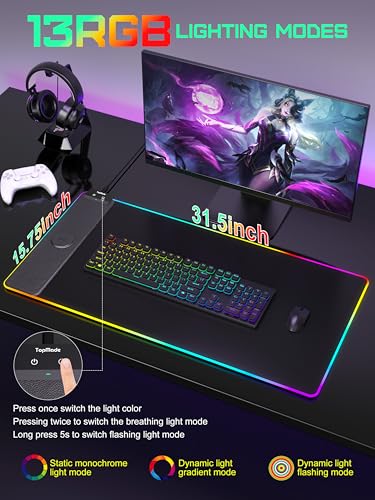 TopMade Mouse Pad with Wireless Charging, 31.5" x 15.75" Large Desk Mat RGB Gaming Mousepad, LED Desk Pad Keyboard Pad with Ultra-Smooth Surface & Non-Slip Rubber Base, Waterproof Desk Pad - color: RGB Black-31.5"x15.8"