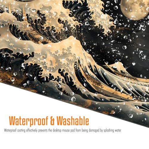VNDL Large Japanese Black and Gold Gaming Mouse Pad, Sea Waves, Premium Non-Slip Anime Desk Pad for Office, Extended XL XXL Mouse Mat and Laptop Pad, Waterproof and Stiched Edges 31.5 x 15.7 in (wg1) - color: wg1